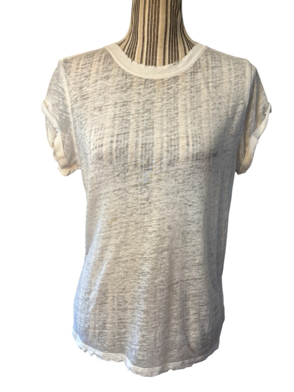 Me to We Burnout Tee Small White Sheer Crewneck Short Sleeve Distress Raw Hems